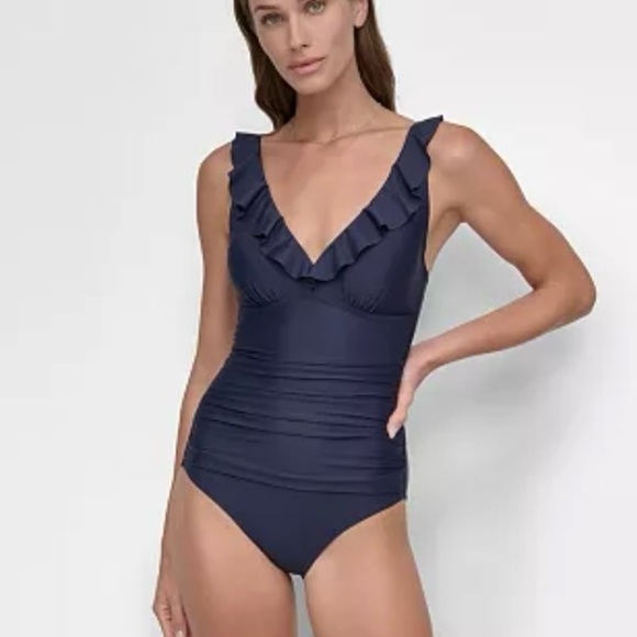 đ»NEW w.tag DKNY Ruffle Plunge Underwire Tummy Control One-Piece Swimsuit Size L - Picture 2 of 12